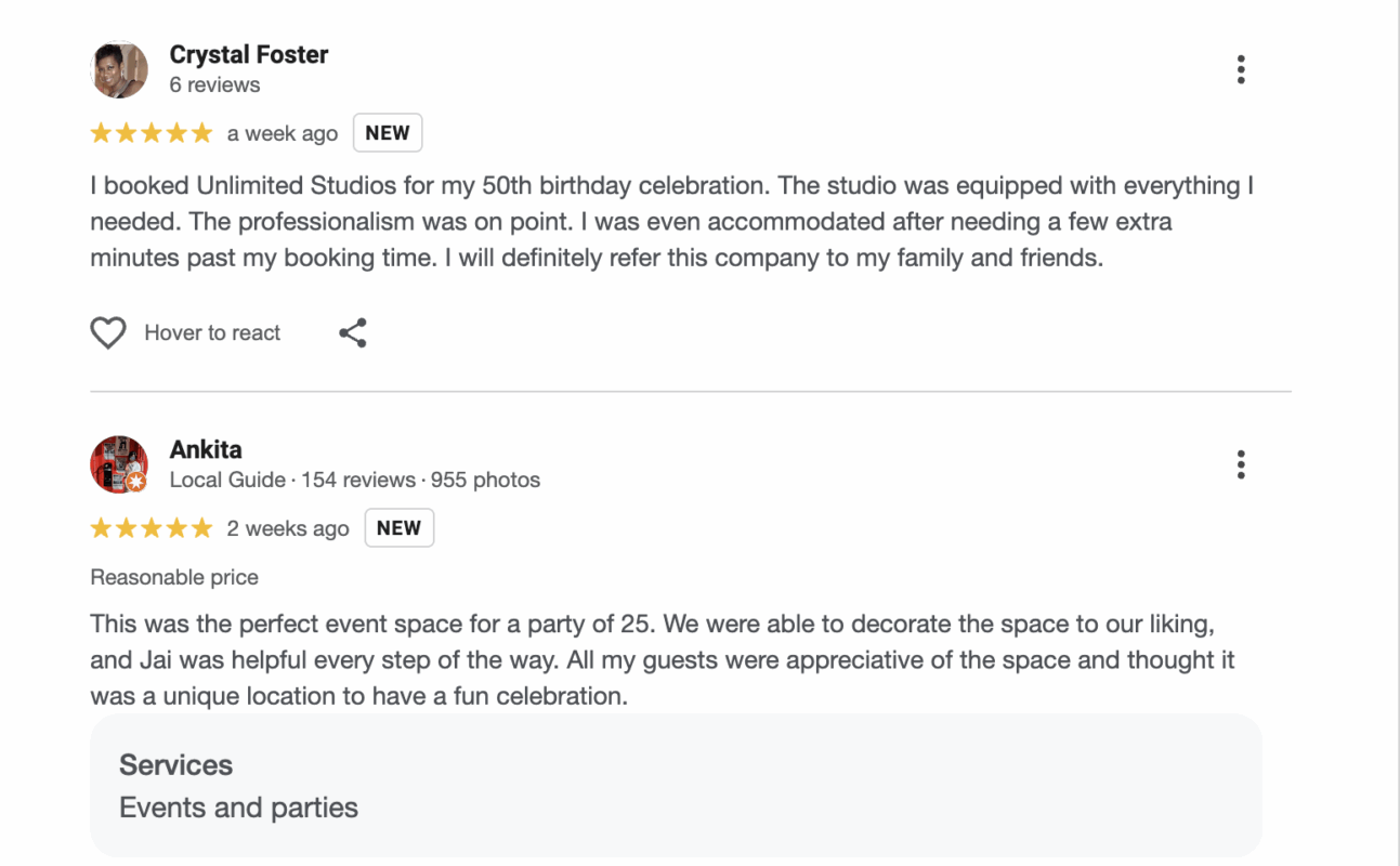 Unlmtd STudio Google Review Examples